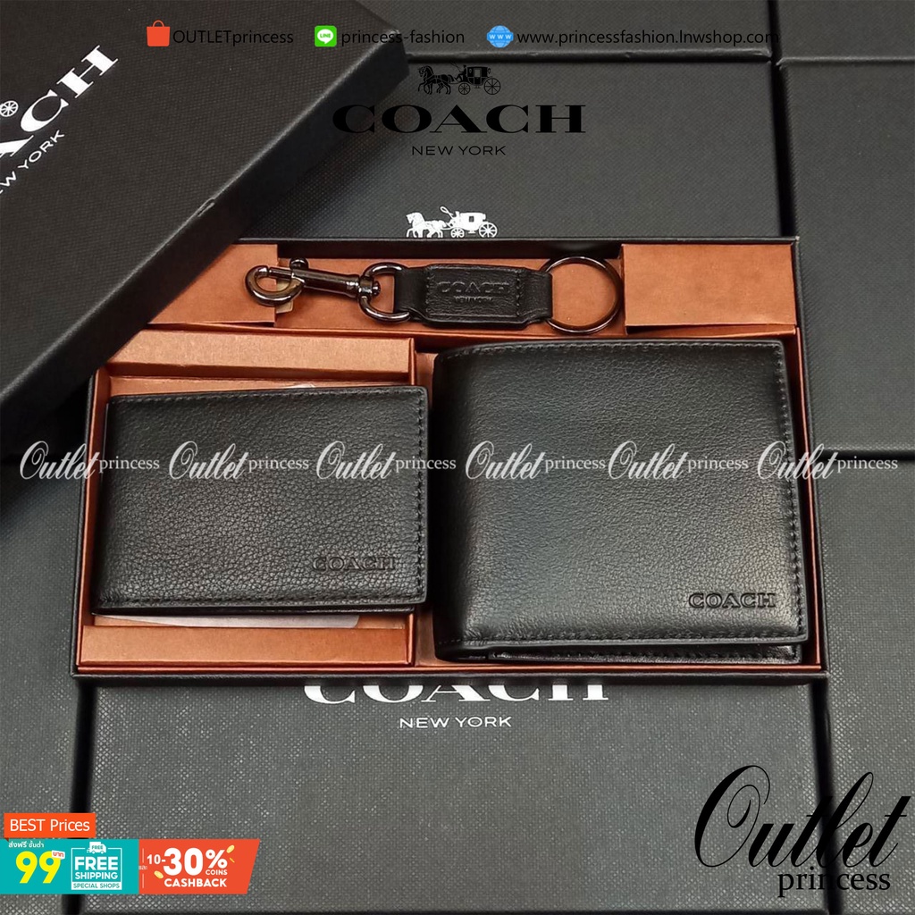 COACH COMPACT ID WALLET IN SPORT CALF LEATHER WITH KEY FOB LIMITED BOX(COACH F74991)🍁BOX SET กระเป๋าสตางค์ใบสั้น มาพร้อม
