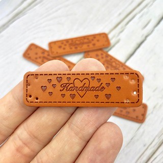 Brown "Hand Made" PU Labels for Handmade Items Love Heart Motif Synthetic PU Leather Tags 50x15mm