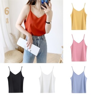 🚨FC พร้อมส่ง🚨เสื้อสายเดี่ยว ผ้าเครป คอวี สีพื้น 6 สี แฟชั่น