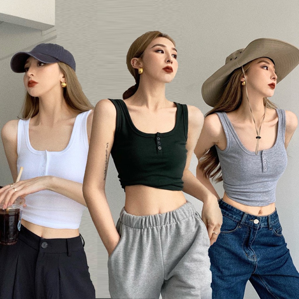 F1🚀ส่งไว เสื้อกล้ามผ้าร่อง 3 สี อกแต่งกระดุม 3 เม็ด