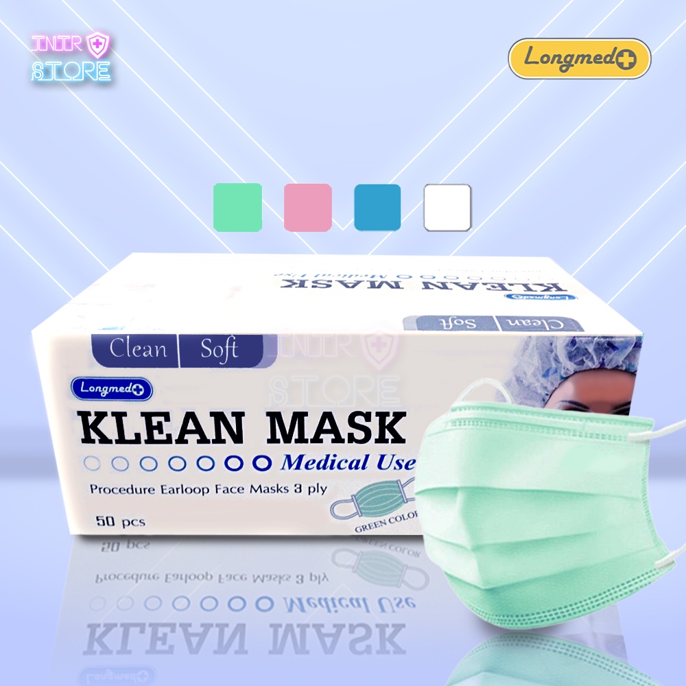 หน้ากากอนามัยทางการแพทย์ ยี่ห้อ Klean mask (Longmed) มีความหนา 3 ชั้น (1 กล่องบรรจุ 50 ชิ้น)