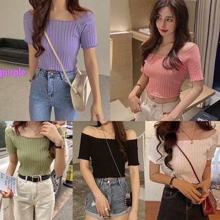 🌸พร้อมส่ง👗เสื้อขอบหยักผ้าร่อง ใส่ปาดไหล่ได้