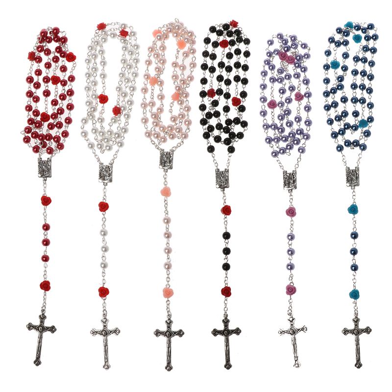 Lu Chic Rose ดอกไม้ไข่มุกสําหรับ Cross สร้อยคอลูกประคําลูกปัดสร้อยคอคาทอลิกism สวดมนต์เครื่องประดับท