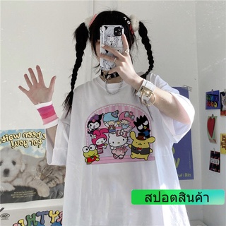 ROUND คอลูกเรือHarajuku การ์ตูน Gothic พิมพ์แขนสั้น Kuromi HelloKitty เสื้อยืดเสื้อฤดูร้อน Streetwear O-Neck สาวหวานเสื้