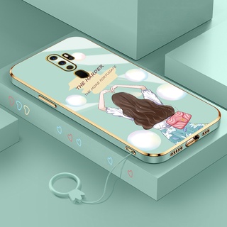 เคส oppo a9 2020 ชุบบางเฉียบ a5 2020 เคสขอบตรง ซิลิโคน ตัวการ์ตูน เคสโทรศัพท์ พร้อมสายคล้อง