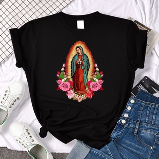 T-shirt  เสื้อยืดแขนสั้น พิมพ์ลาย Virgin Mary Of Guadalupe สีดํา สไตล์วินเทจS-5XL