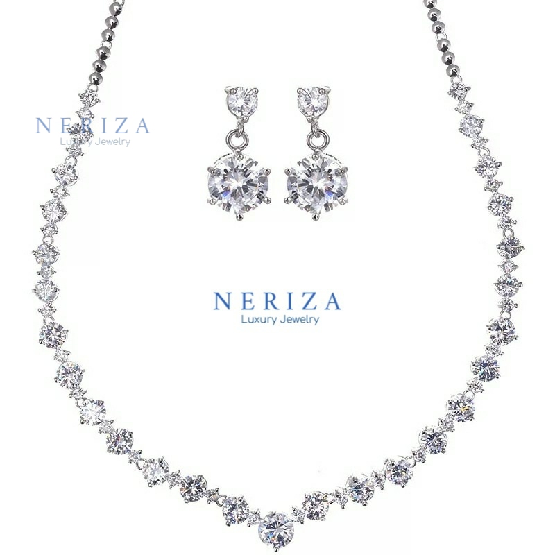 Neriza Jewelry/ชุดเครื่องประดับเจ้าสาวสร้อยคอและต่างหูประกายไฟเทียบเท่าเพชรแท้ พร้อมกล่อง NSW006