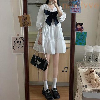 🔥Hot Sale！เดรส เกาหลี  เดรส ผู้หญิง French Bowknot White Cute Princess Dress เดรสแขนพัฟ