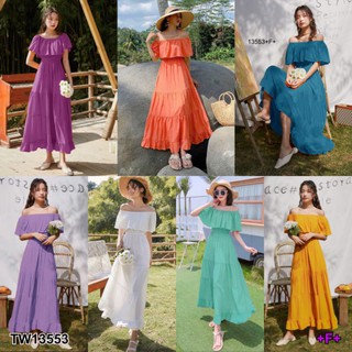 TW13553 Maxi Dress เดรสยาว เปิดไหล่ แขนระบาย ชายเดรสแต่งระบายรอบ