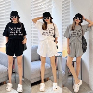 Yunaka (ไม่มีหมวก) ชุดเซ็ต 2 ชิ้น สาวมินิ สาวอวบ เซทเสื้อยืดแขนสั้น อก 52 Korea Oversize Set กางเกงขาสั้น ทรงเว้า เอว 40