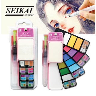 สีน้ำตลับ พับได้แบบพกพา Pocket Pastel 18 สี พร้อมพู่กันแทงค์ SEIKAI