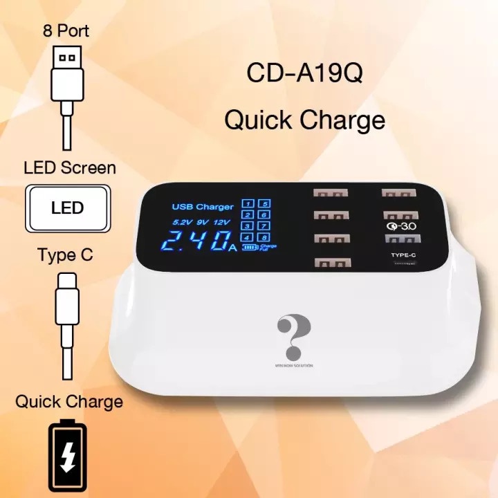 CD-A19Q 8 Port Smart Usb Type C Charger Adapter LED Display อะแดปเตอร์ชาร์จเร็ว Hub Quick Charge 3.0