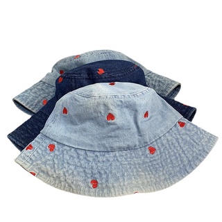 Washed Denim Love Print Fisherman Hat Fashion All-match Sunscreen Sun Hat Sweet Retro Old Basin Hat Bucket Hat