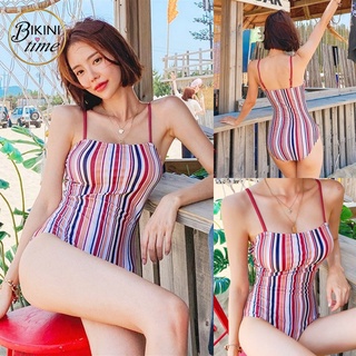 🏖BikiniTime (M-XL) SB181 💕ชุดว่ายน้ำวันพีซสายเดี่ยว ลายทางสีเอิร์ทโทน มีฟองน้ำเสริม มีซับในทั้งชุด