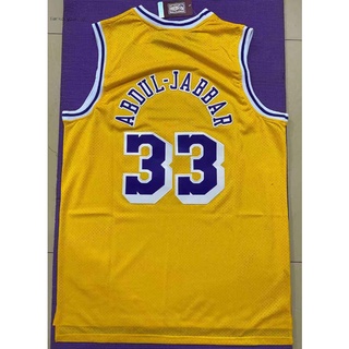 1984-85 ใหม่ Los Angeles Lakers รองเท้าลําลอง สําหรับผู้ชาย #เสื้อกีฬาบาสเก็ตบอล ปักลาย Kareem Abdul-Jabbar สีเหลือง สไตล์วินเทจ 33