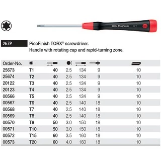Wiha PicoFinish ไขควงหัว TORX 6แฉก (เลือกขนาด) T1 T2 T3 T4 T5 T6 T7 T8 T9 T10 T15 รุ่น 267P (Made in Germany)