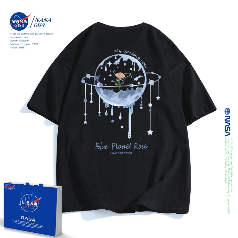 NASA ร่วมเสื้อยืดแขนสั้นหญิงฤดูร้อนดาวเคราะห์จักรวาลน้ำแบรนด์นักเรียนคู่ชุดพิกเซลหลวมสีดำด้านบนวินเทจเสื้อเชิ้ตแขนสั้นเส