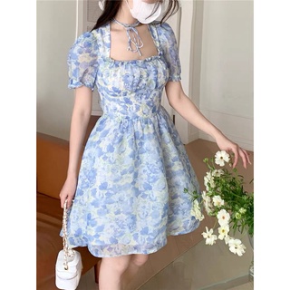 ชุดเดรสแขนพัฟลําลอง เปิดหลัง ลายดอก เป็นทางการ สีฟ้า สไตล์ฝรั่งเศส แฟชั่นฤดูร้อน สําหรับผู้หญิง ใส่ไปงานปาร์ตี งานแต่งงาน