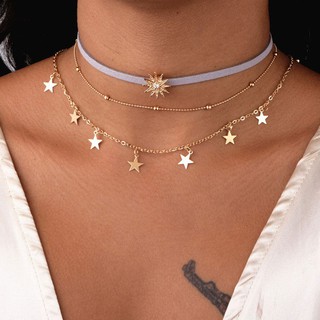 Multilayer Simple Women Sun Star Necklace สร้อยคอที่เรียบง่าย สร้อยคอดาว