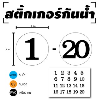 STICKER สติกเกอร์ สติ้กเกอร์กันน้้ำ ติดประตู,ผนัง,กำแพง (ป้ายตัวเลข 1-20) พื้นขาวเลขดำ 1 A4 ได้รับ 20 ดวง [รหัส D-059]