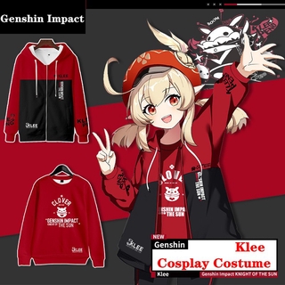 ชุดเสื้อกันหนาวมีฮู้ดกางเกงขายาวผ้ากํามะหยี่สําหรับแต่งคอสเพลย์ Klee Cosplay Costume Hot Game Genshin Impact Hooded Sweatshirt Anime Sports Jacket Project Print Pants Velvet Top Adult Kids Set
