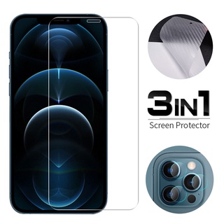 3in1 Carbon Fiber Back Film &amp; Lens Film &amp; HD Tempered Glass Screen Protector For สำหรับ iPhone 13 12 Mini 11 Pro XR X XS Max 8 7 6 6s Plus SE 2020