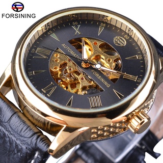 Forsining Golden Movement Transparent Skeleton Wristwatch Fashion Roman Number Unique Bezel Men Automatic Watch Top Bran