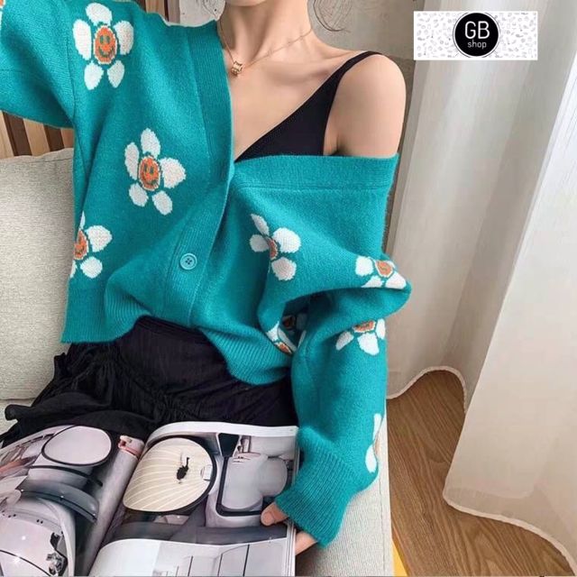 เสื้อไหมพรมคอวีกระดุมหน้า ลายดอก ใส่เป็นเสื้อคลุมได้ - nokimageshop ...