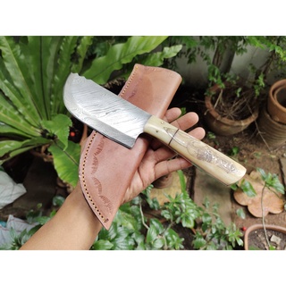 มีดดามัสกัส (Damascus knife) มีดอีโต้ มีดใบตาย มีดแล่ handmade ด้ามกระดูกอูฐ Scrimshaw (สักลายกะโหลก) ซองหนังแท้