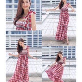 Plaid Plnel Maxi Dress สีกรม