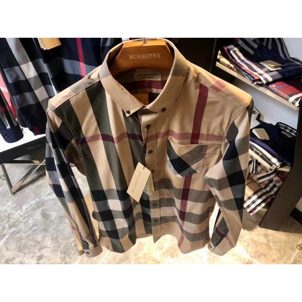 High Quality British Men's Brand burberry Long Sleeve Checkered Business Dress Shirts Cotton Office Plaid Men T-shirts R #2
