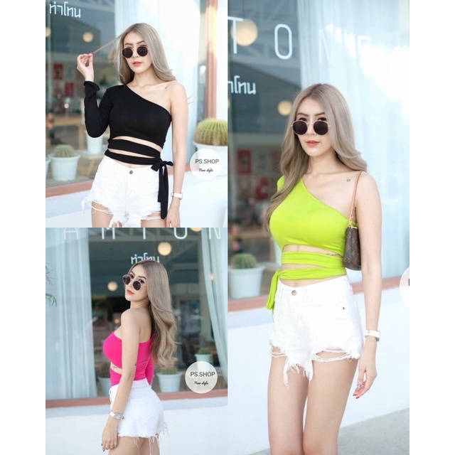 mnv_shop พร้อมส่ง เสื้อปาดอกแขนเดียว แต่งสายผูกเอวเก๋สุดๆไปเลยแม่ ใส่ไปเที่ยวทะเลก็ปังมากนะแม่ แมทร์ง่ายๆแต่ดูแพงเว่อ