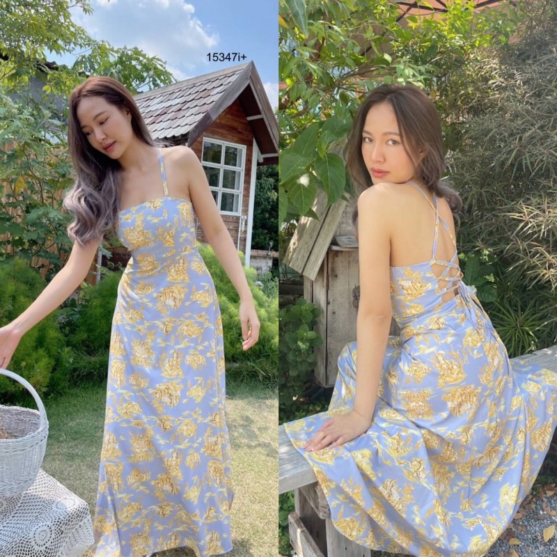 TW15347 แม็กซี่เดรสสายเดี่ยวผูกสานหลังพิมพ์ลายกราฟฟิก