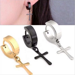 ต่างหู ตุ้มหู จิว ต่างหูผู้ชาย Cross Earrings for Men Stainless Steel Pendant Stud Earrings Punk Rock Style - 1 ข้าง