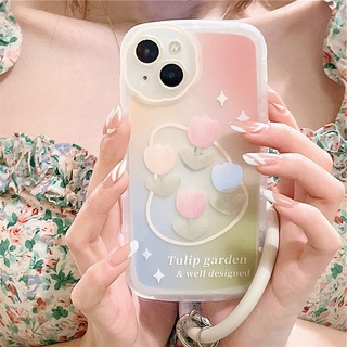 เคสมือถือ เคสไอโฟน เคสโทรศัพท์มือถือ ซิลิโคนนิ่ม TPU ใส ลายดอกไม้ พร้อมสายคล้องข้อมือ แฟชั่นเรียบง่าย สําหรับ Iphone 13 12 11 XR Pro Max 8