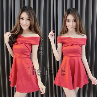 Mini Dress ทรงปาดไหล่กระโปรงบาน (แดง)