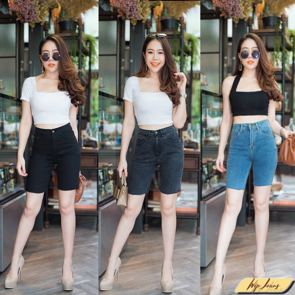 ❤️ กางเกงยีนส์ขาสั้นเอวสูง ผู้หญิง ผ้ายืด เก็บทรง สวย ใส่สบาย ❤️