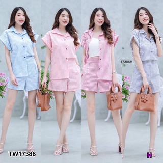 TwinsShopVip💗พร้อมส่ง TW17386 set 2 ชิ้น เสื้อเชิ้ตลายริ้วแขนพับ + กางเกงขาสั้น ลายริ้ว