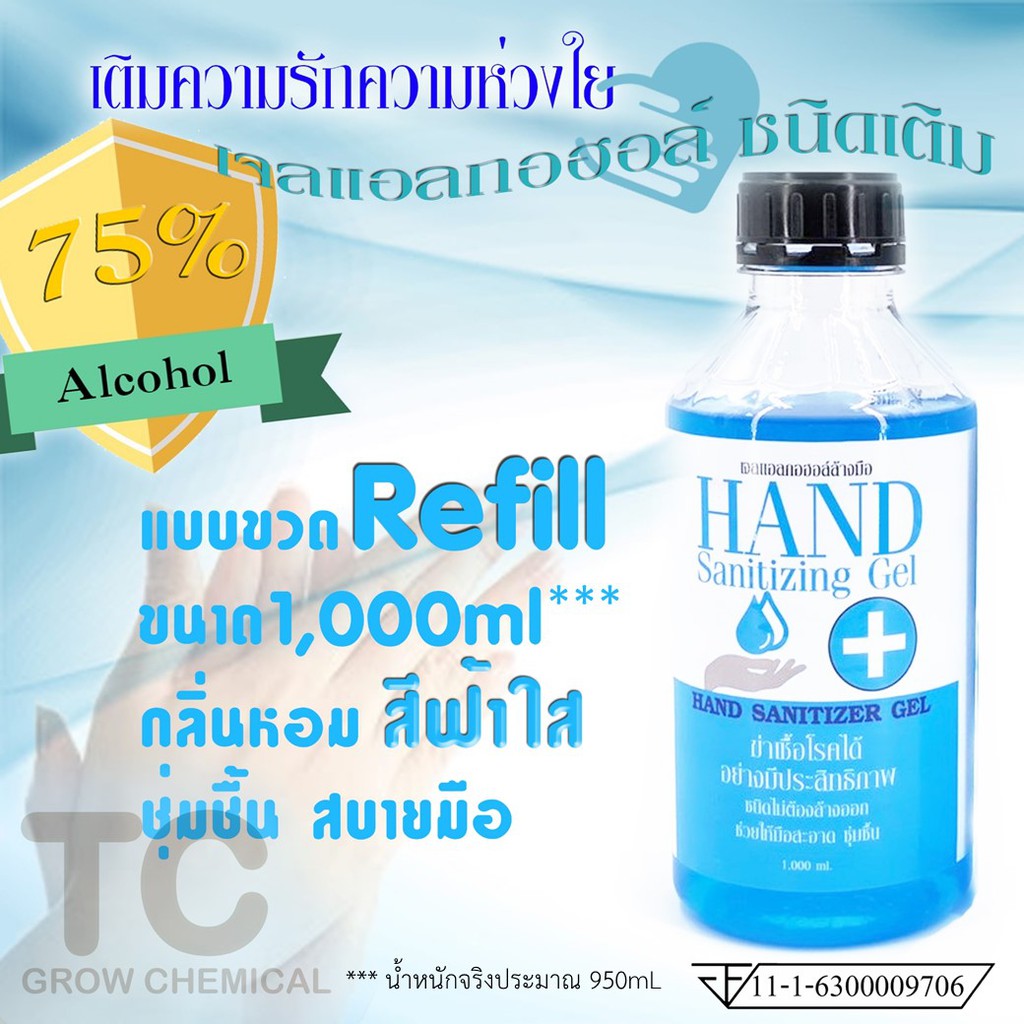 Hand Sanitizing Gel เจลล้างมือแอลกอฮอล์ 75% ชนิดเติมขนาด 1000ml สีฟ้า กลิ่นหอม นุ่มสบายมือ เพื่อแบ่งปัน