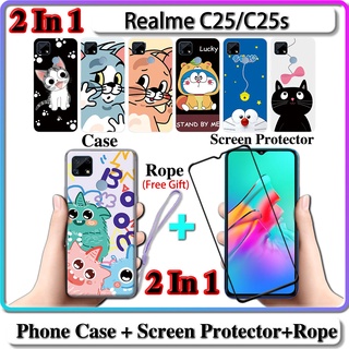 2 IN 1 เคส Realme C25 C25s เคส พร้อมกระจกนิรภัยโค้ง ป้องกันหน้าจอเซรามิค แมวและโดราเอมอน