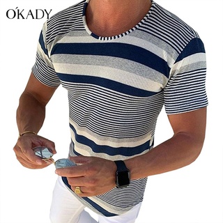 OKADY ใหม่ผู้ชายฤดูร้อนเสื้อยืดผ้าขนสัตว์คอกลมบางลายผ้าฝ้ายคุณภาพสูงแฟชั่นแขนสั้นอเนกประสงค์Top