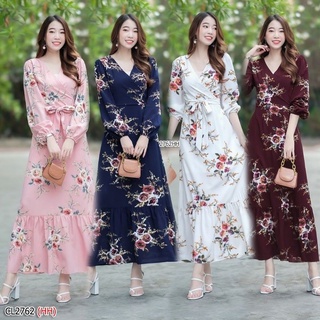 Maix dress ลายกุหลาบ คอไขว้ซ้อนด้านหน้า แขนยาวปลายแขนจั้ม งานผ้าไหมอิตาลี100ดี พิมลาย 2762