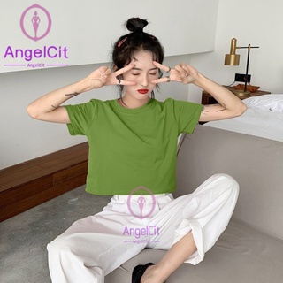 Angelcity ※ เสื้อยืดแขนสั้น แขนห้าส่วน เอวสูง ทรงหลวม สีพื้น แฟชั่นฤดูร้อน สําหรับผู้หญิง