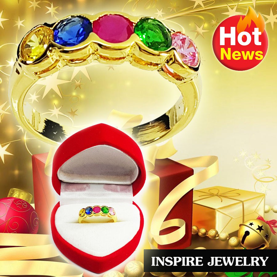 Inspire Jewelry ,แหวนพลอยนพเก้า ฝังล็อคเรียงแถว ตัวเรือน หุ้มทองแท้ 100% 24K สวยหรู  พร้อมกล่องกำมะหยี่