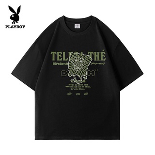 PLAYBOY เสื้อยืดลำลองพิมพ์ลายการ์ตูนผ้าฝ้ายเนื้อนุ่ม,เสื้อยืดทีเชิ๊ตแขนสั้นสำหรับใส่ได้ทั้งชายและหญิงไซส์ M-3XL