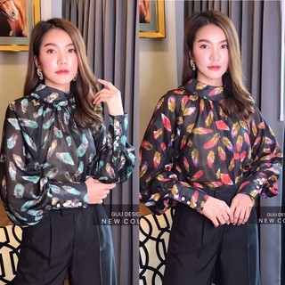 เสื้อชีฟองแขนยาวลายขนนก