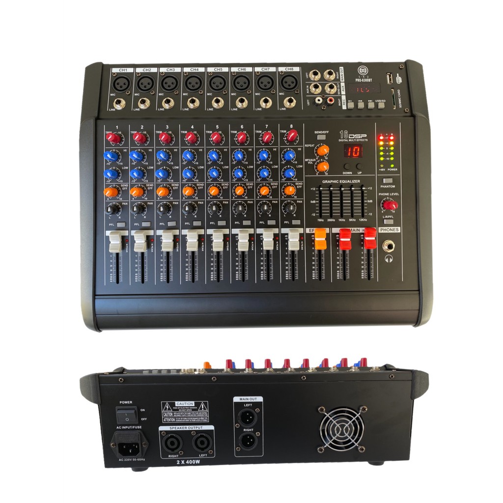 LXJเพาเวอร์มิกเซอร์ ขยายเสียง800วัตต์ 8CH มีBT ขยายเ2 V 400W MRS PRO-8300BTสีดำ