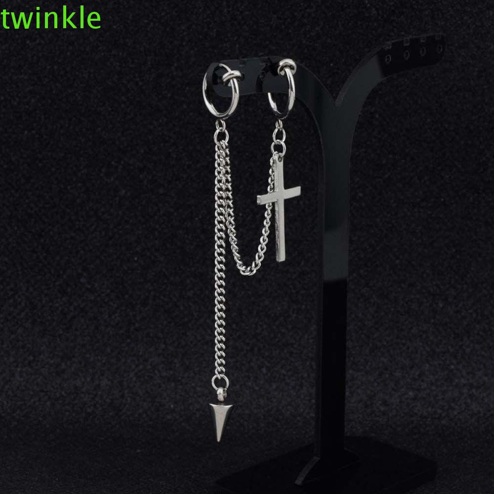 Twinkle1 มินิมอล ไม้กางเขน คลิป ต่างหู เท่ เครื่องประดับแฟชั่นผู้หญิง ห้อย ต่างหูสเตนเลส ผู้ชาย โซ่พู่ โกธิค เรียบง่าย ต่างหูสตั๊ด
