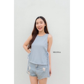 MILINNA​ PT-24 เสื้อยืดผ้าร่อง​ แขนกุด​ ผูกโบว์ข้าง CARDIGAN_NISTA