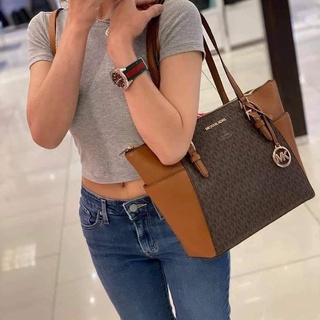 (ผ่อน0%) กระเป๋าสะพาย Michael Kors Charlotte 35T0GCFT3B Large Top Zip Tote Bag In Brown ลายmk สีน้ำตาล